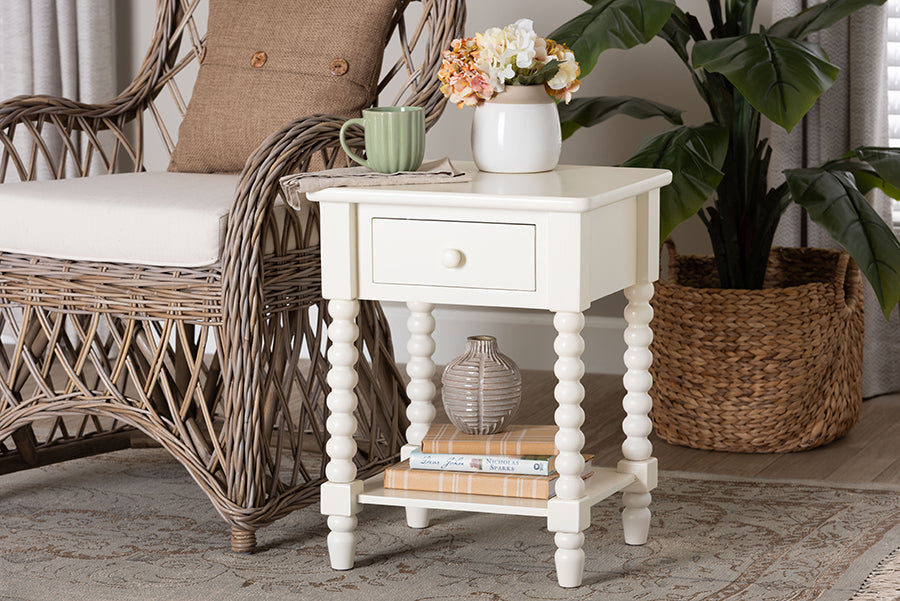 Baxton Studio Raynera End Table with Bobbin Legs - 1-Drawer Accent Table with Spindle Turned Legs and Open Shelf, Cottage Farmhouse Style Side Table for Living Room
