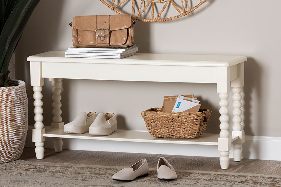 Baxton Studio Bayard Accent Bench with Bobbin Legs - Spindle Leg Entryway Bench with Shelf, Cottage Farmhouse Style Hallway or Mudroom Seating