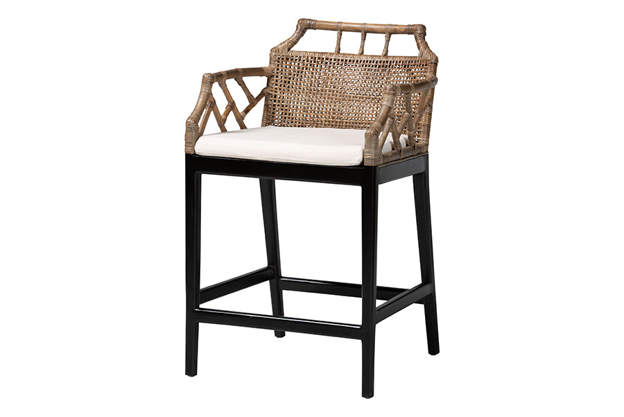 bali & pari Abiel Natural Rattan Counter Stool with Arms and Removable Cushion - Handwoven Wicker Stool with Mahogany Wood Frame, Coastal Boho Seating for Kitchen or Dining Area