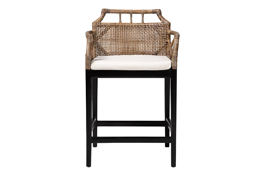 bali & pari Abiel Natural Rattan Counter Stool with Arms and Removable Cushion - Handwoven Wicker Stool with Mahogany Wood Frame, Coastal Boho Seating for Kitchen or Dining Area