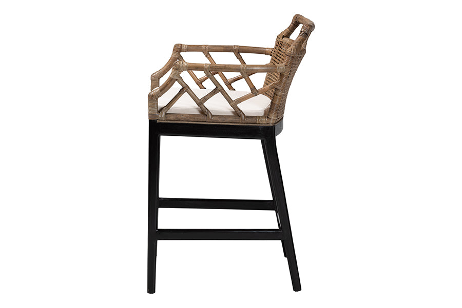 bali & pari Abiel Natural Rattan Counter Stool with Arms and Removable Cushion - Handwoven Wicker Stool with Mahogany Wood Frame, Coastal Boho Seating for Kitchen or Dining Area