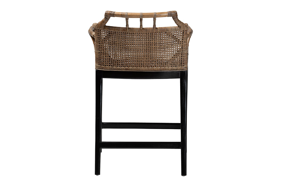 bali & pari Abiel Natural Rattan Counter Stool with Arms and Removable Cushion - Handwoven Wicker Stool with Mahogany Wood Frame, Coastal Boho Seating for Kitchen or Dining Area