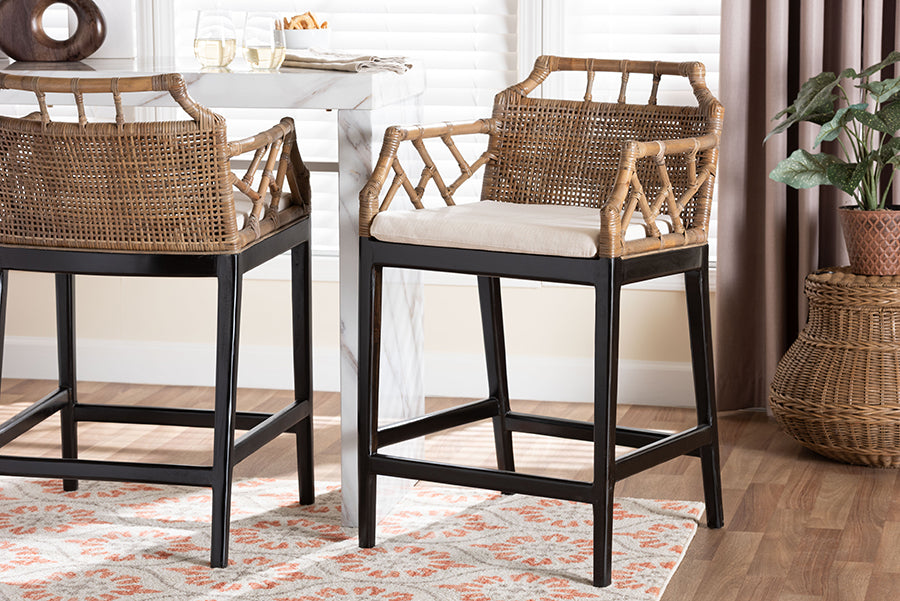 bali & pari Abiel Natural Rattan Counter Stool with Arms and Removable Cushion - Handwoven Wicker Stool with Mahogany Wood Frame, Coastal Boho Seating for Kitchen or Dining Area