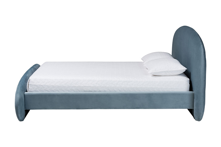 Baxton Studio Ekram Velvet Upholstered Platform Bed - Mid-Century Modern Bed Frame with Curved Headboard and Accent Footboard, Classic Luxe Bedroom Centerpiece, Queen