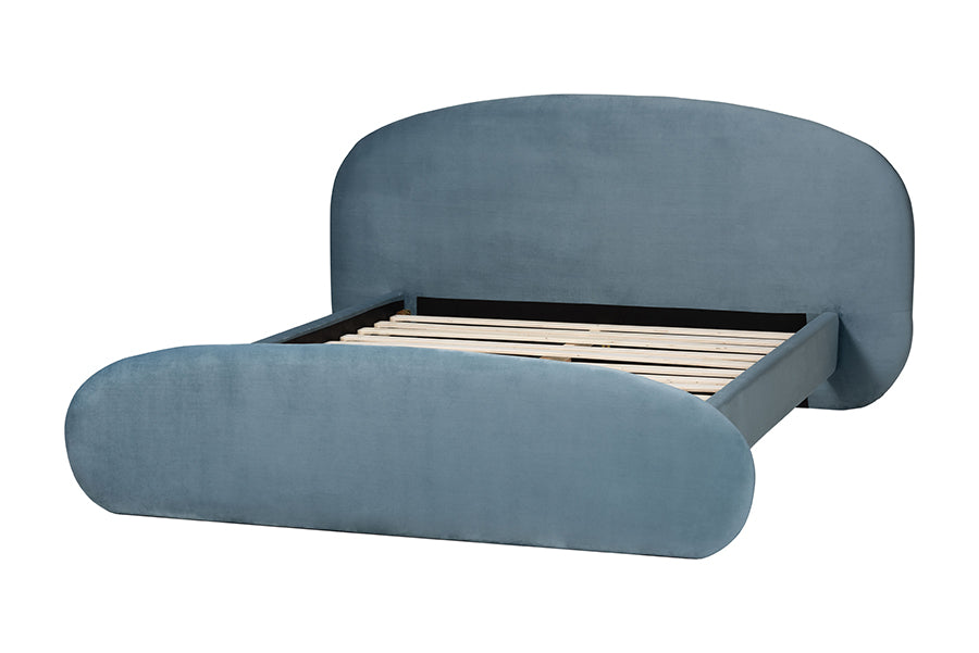 Baxton Studio Ekram Velvet Upholstered Platform Bed - Mid-Century Modern Bed Frame with Curved Headboard and Accent Footboard, Classic Luxe Bedroom Centerpiece, Queen