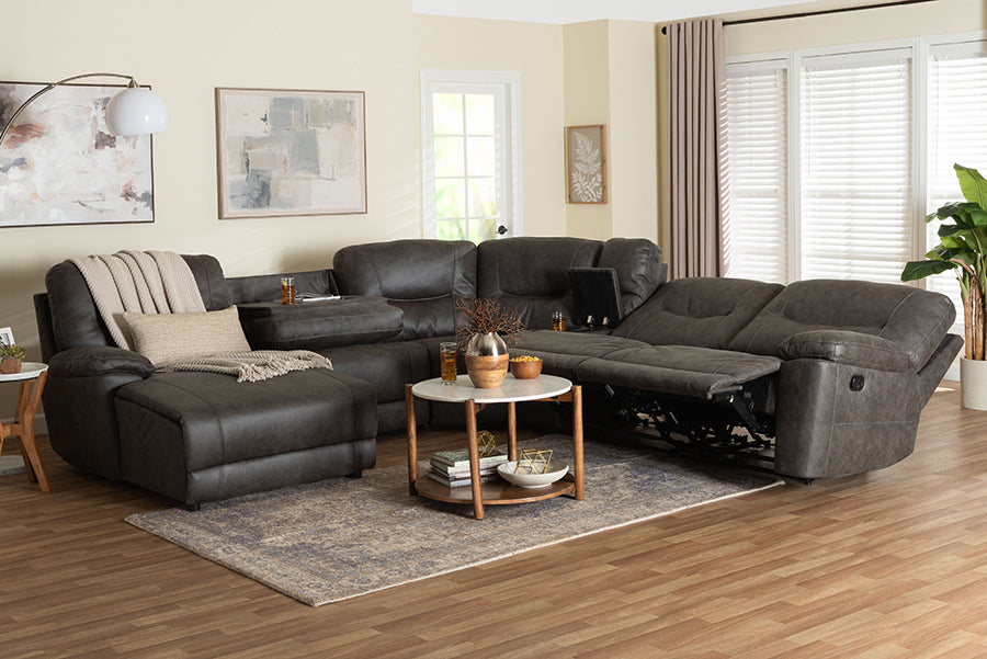 Baxton Studio Mistral 6-Piece Reclining Sectional Sofa with Left-facing Chaise Lounge - Suede Upholstered Modular Sectional with Storage