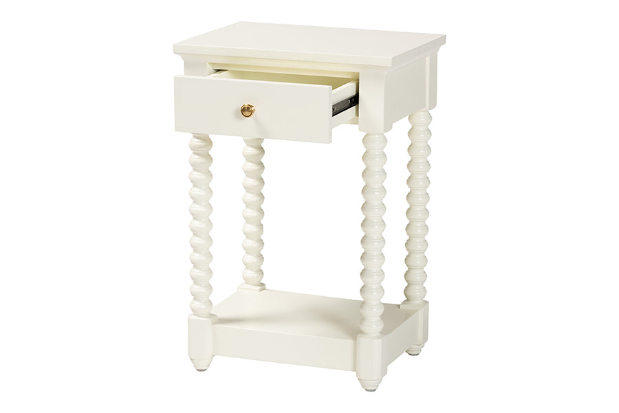 Baxton Studio Terentia Nightstand with Bobbin Legs - 1-Drawer Bedroom Side Table with Storage Shelf, White