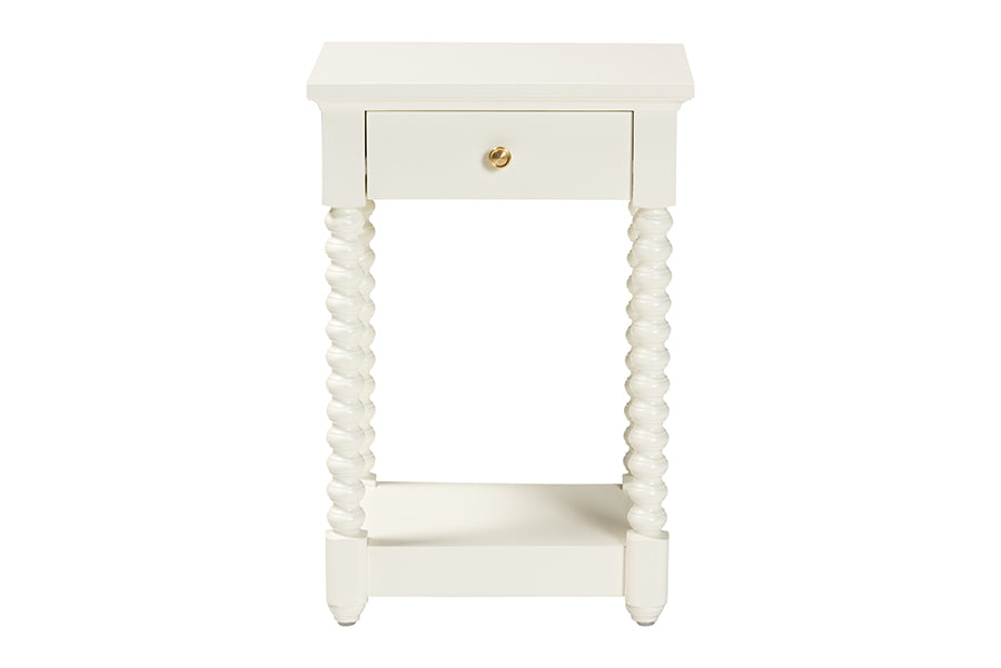 Baxton Studio Terentia Nightstand with Bobbin Legs - 1-Drawer Bedroom Side Table with Storage Shelf, White