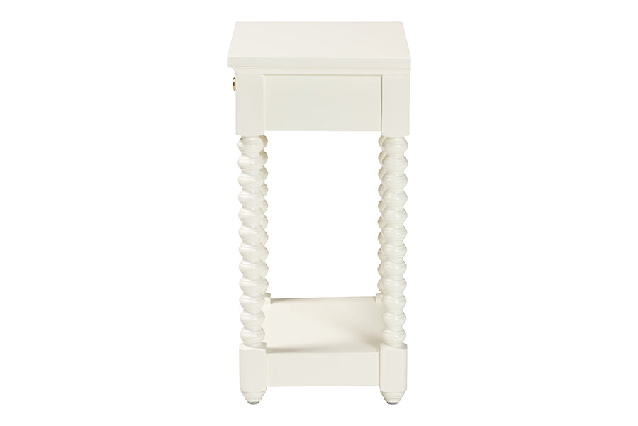 Baxton Studio Terentia Nightstand with Bobbin Legs - 1-Drawer Bedroom Side Table with Storage Shelf, White