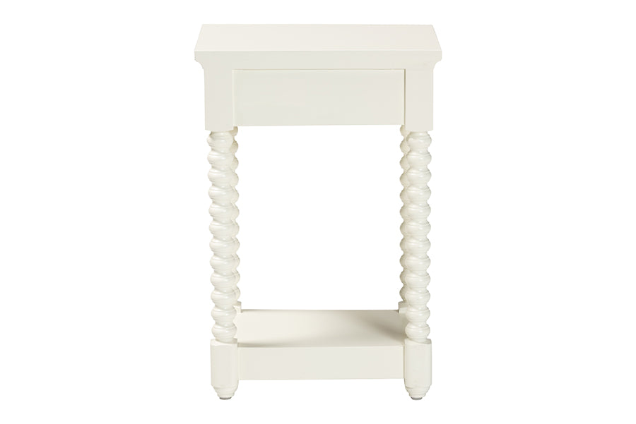 Baxton Studio Terentia Nightstand with Bobbin Legs - 1-Drawer Bedroom Side Table with Storage Shelf, White