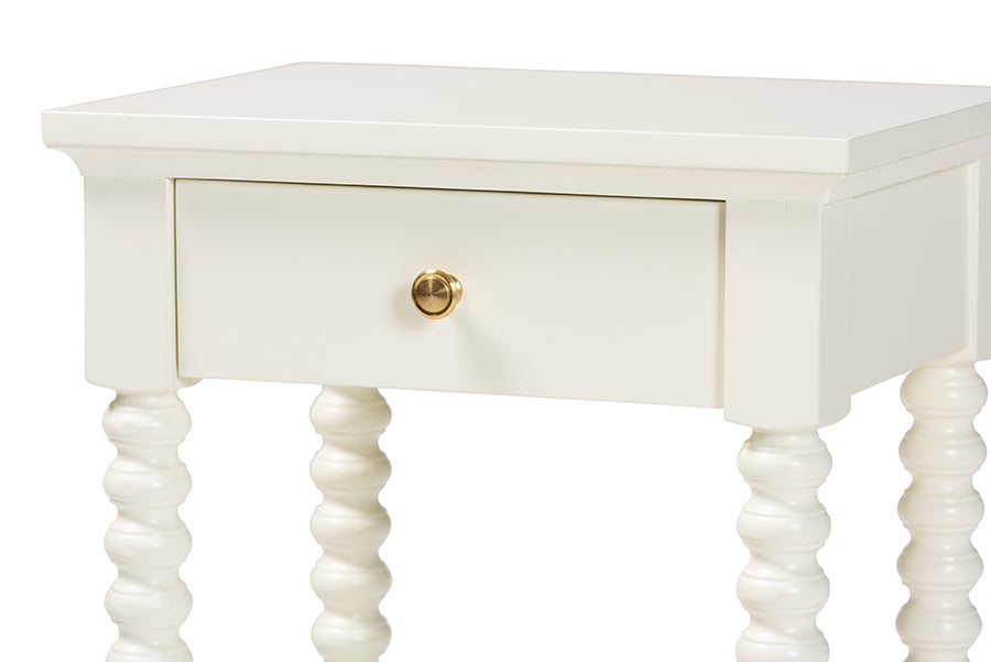 Baxton Studio Terentia Nightstand with Bobbin Legs - 1-Drawer Bedroom Side Table with Storage Shelf, White