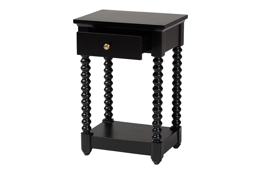 Baxton Studio Terentia Nightstand with Bobbin Legs - 1-Drawer Bedroom Side Table with Storage Shelf, Black