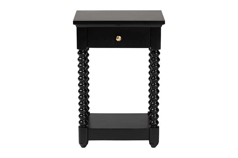 Baxton Studio Terentia Nightstand with Bobbin Legs - 1-Drawer Bedroom Side Table with Storage Shelf, Black