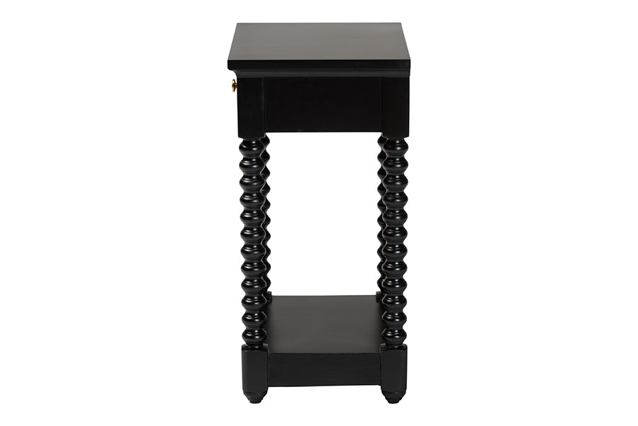 Baxton Studio Terentia Nightstand with Bobbin Legs - 1-Drawer Bedroom Side Table with Storage Shelf, Black