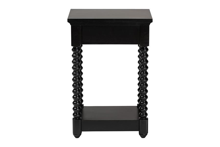 Baxton Studio Terentia Nightstand with Bobbin Legs - 1-Drawer Bedroom Side Table with Storage Shelf, Black