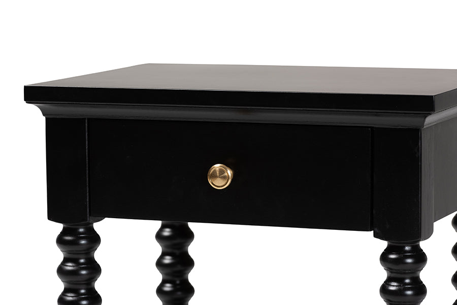 Baxton Studio Terentia Nightstand with Bobbin Legs - 1-Drawer Bedroom Side Table with Storage Shelf, Black