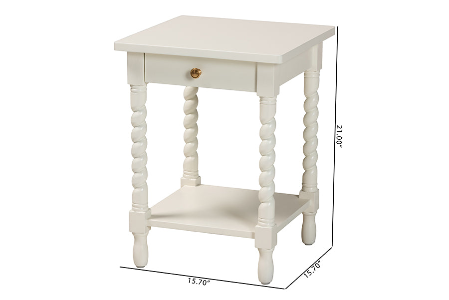 Baxton Studio Niklas Nightstand with Twisted Legs - 1-Drawer Bedroom Side Table with Storage Shelf, White