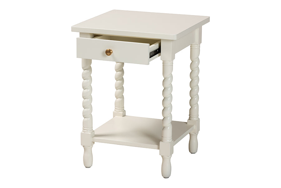 Baxton Studio Niklas Nightstand with Twisted Legs - 1-Drawer Bedroom Side Table with Storage Shelf, White