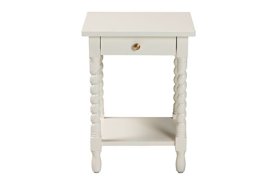 Baxton Studio Niklas Nightstand with Twisted Legs - 1-Drawer Bedroom Side Table with Storage Shelf, White