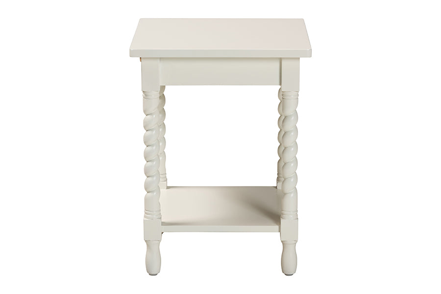 Baxton Studio Niklas Nightstand with Twisted Legs - 1-Drawer Bedroom Side Table with Storage Shelf, White