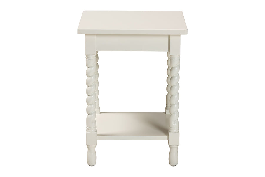 Baxton Studio Niklas Nightstand with Twisted Legs - 1-Drawer Bedroom Side Table with Storage Shelf, White