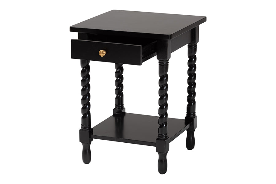 Baxton Studio Niklas Nightstand with Twisted Legs - 1-Drawer Bedroom Side Table with Storage Shelf, Black