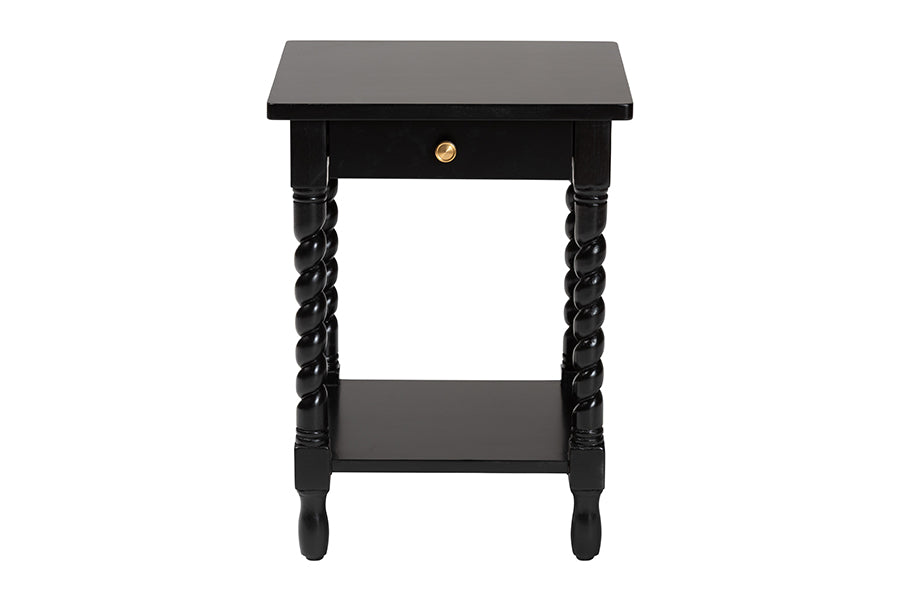 Baxton Studio Niklas Nightstand with Twisted Legs - 1-Drawer Bedroom Side Table with Storage Shelf, Black