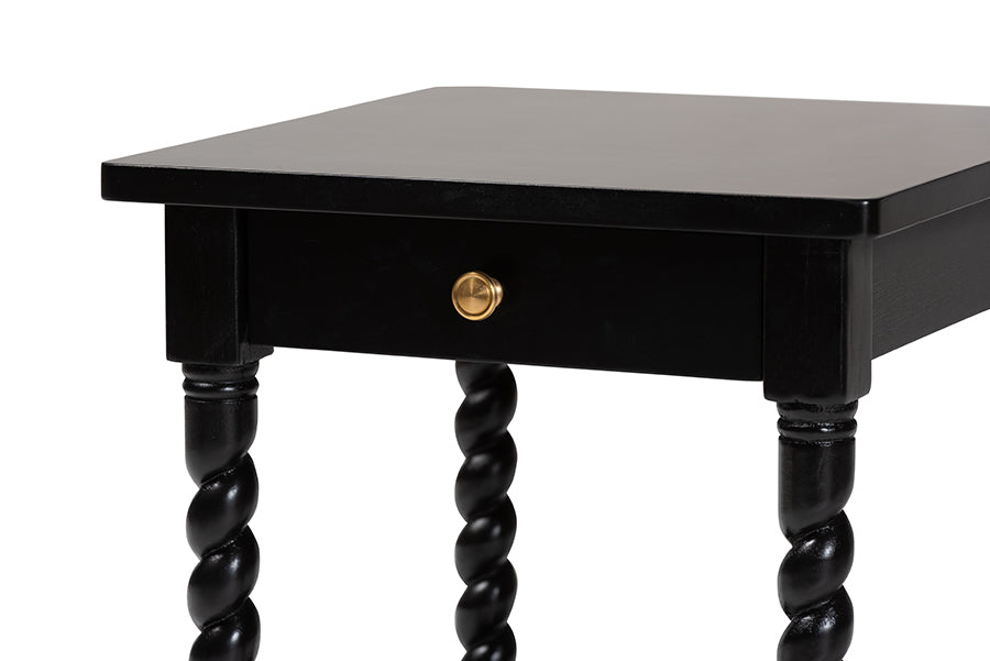 Baxton Studio Niklas Nightstand with Twisted Legs - 1-Drawer Bedroom Side Table with Storage Shelf, Black