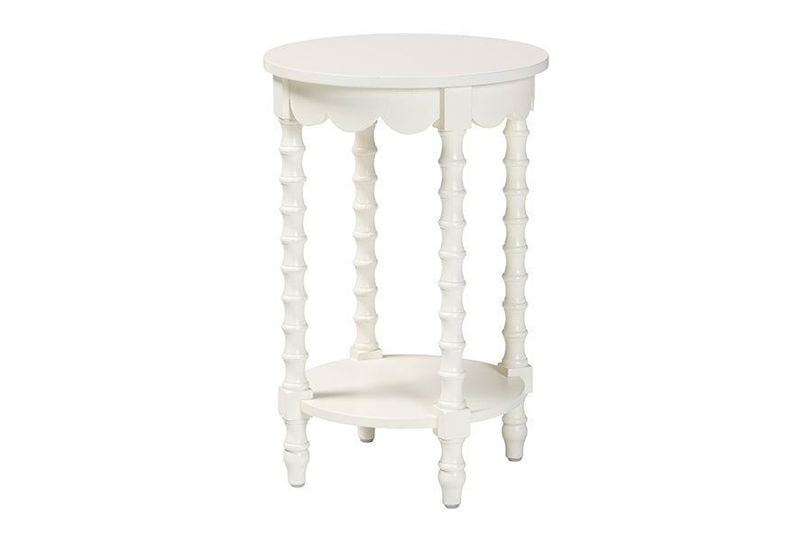 Baxton Studio Sally Round Nightstand with Bamboo Inspired Legs - Scalloped Bedroom Side Table with Open Shelf, White