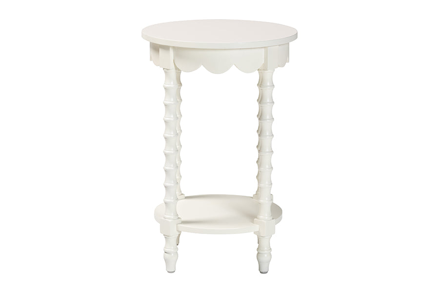 Baxton Studio Sally Round Nightstand with Bamboo Inspired Legs - Scalloped Bedroom Side Table with Open Shelf, White