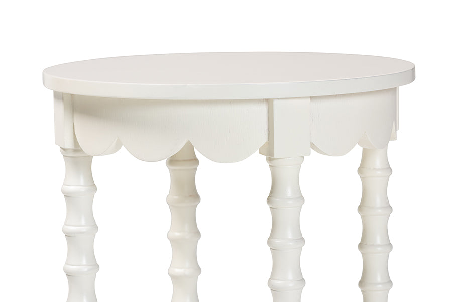 Baxton Studio Sally Round Nightstand with Bamboo Inspired Legs - Scalloped Bedroom Side Table with Open Shelf, White