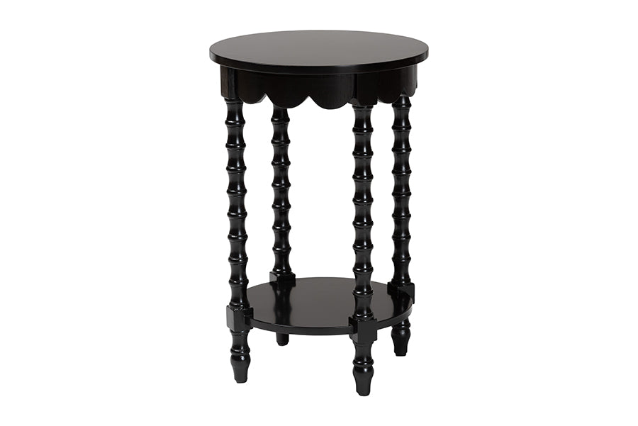 Baxton Studio Sally Round Nightstand with Bamboo Inspired Legs - Scalloped Bedroom Side Table with Open Shelf, Black