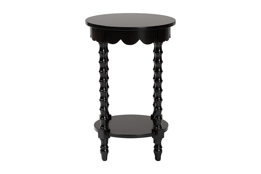 Baxton Studio Sally Round Nightstand with Bamboo Inspired Legs - Scalloped Bedroom Side Table with Open Shelf, Black