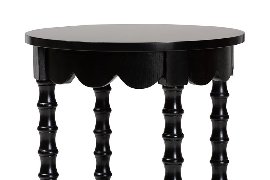 Baxton Studio Sally Round Nightstand with Bamboo Inspired Legs - Scalloped Bedroom Side Table with Open Shelf, Black