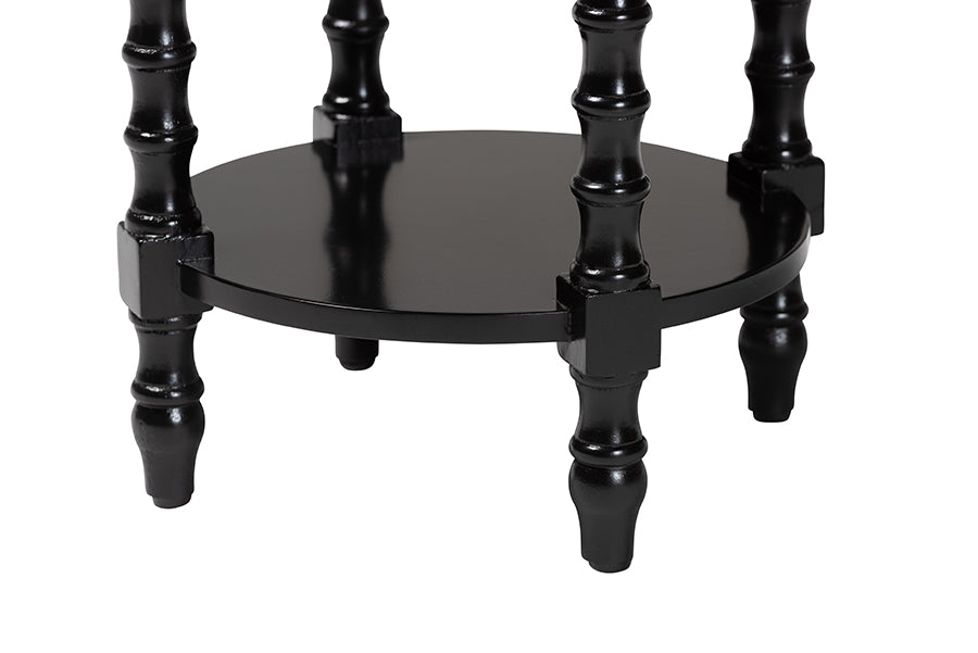 Baxton Studio Sally Round Nightstand with Bamboo Inspired Legs - Scalloped Bedroom Side Table with Open Shelf, Black
