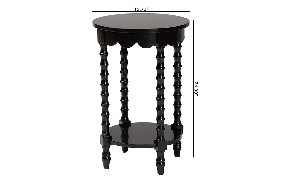 Baxton Studio Sally Round Nightstand with Bamboo Inspired Legs - Scalloped Bedroom Side Table with Open Shelf, Black
