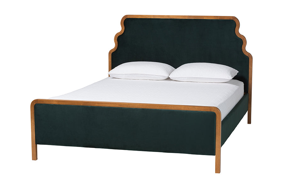 Baxton Studio Gerianne Velvet Upholstered Platform Bed - Classic European Bed Frame with Scalloped Headboard and Wood Trim, Modern Luxe Bedroom Furniture, Queen