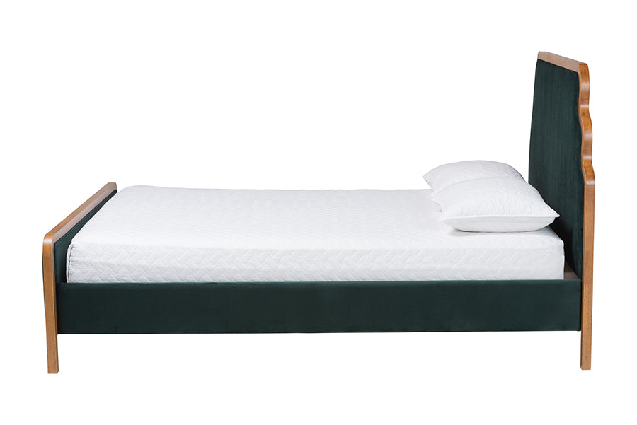 Baxton Studio Gerianne Velvet Upholstered Platform Bed - Classic European Bed Frame with Scalloped Headboard and Wood Trim, Modern Luxe Bedroom Furniture, Queen