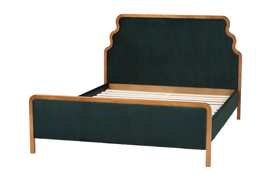 Baxton Studio Gerianne Velvet Upholstered Platform Bed - Classic European Bed Frame with Scalloped Headboard and Wood Trim, Modern Luxe Bedroom Furniture, Queen