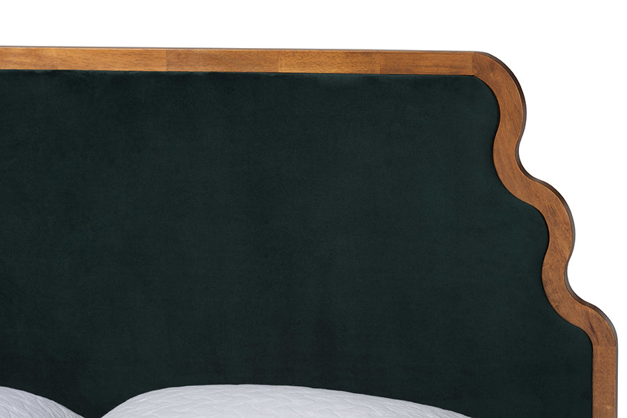 Baxton Studio Gerianne Velvet Upholstered Platform Bed - Classic European Bed Frame with Scalloped Headboard and Wood Trim, Modern Luxe Bedroom Furniture, Queen