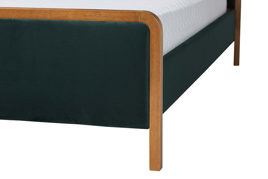 Baxton Studio Gerianne Velvet Upholstered Platform Bed - Classic European Bed Frame with Scalloped Headboard and Wood Trim, Modern Luxe Bedroom Furniture, Queen