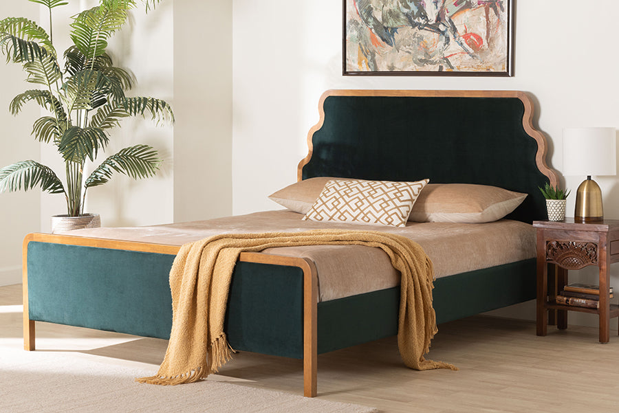 Baxton Studio Gerianne Velvet Upholstered Platform Bed - Classic European Bed Frame with Scalloped Headboard and Wood Trim, Modern Luxe Bedroom Furniture, Queen
