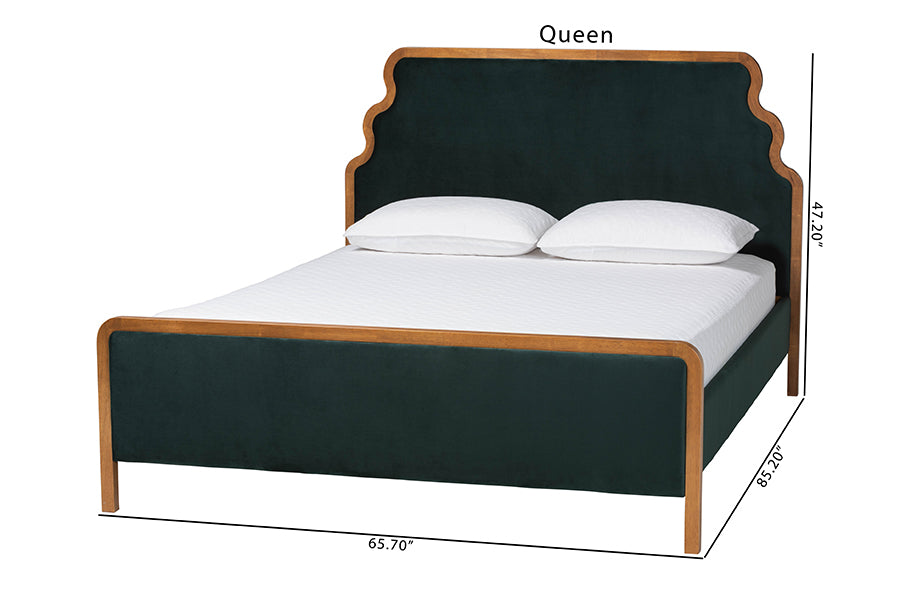 Baxton Studio Gerianne Velvet Upholstered Platform Bed - Classic European Bed Frame with Scalloped Headboard and Wood Trim, Modern Luxe Bedroom Furniture, Queen