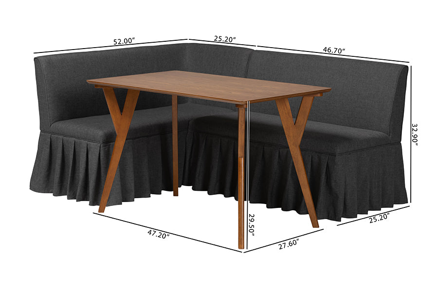 Baxton Studio Randolph 3-Piece Fabric Upholstered Dining Nook Set - Corner Kitchen Banquette with Skirted Base, L-Shaped Breakfast Nook for Small Spaces, Dark Grey