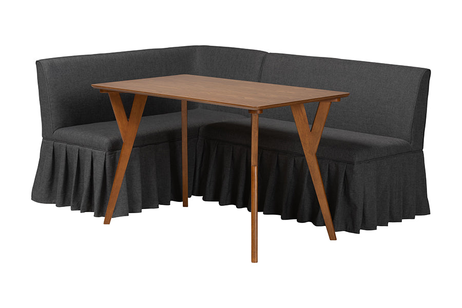 Baxton Studio Randolph 3-Piece Fabric Upholstered Dining Nook Set - Corner Kitchen Banquette with Skirted Base, L-Shaped Breakfast Nook for Small Spaces, Dark Grey