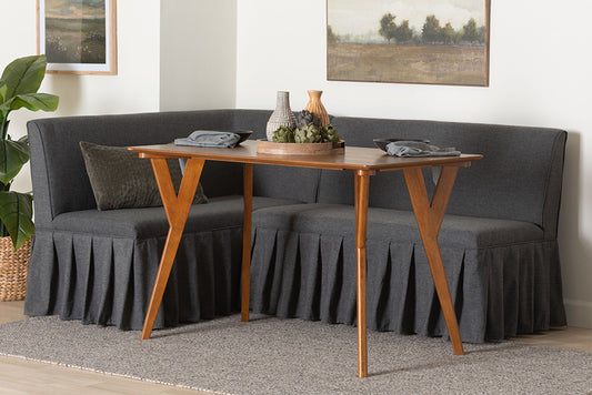 Baxton Studio Randolph 3-Piece Fabric Upholstered Dining Nook Set - Corner Kitchen Banquette with Skirted Base, L-Shaped Breakfast Nook for Small Spaces, Dark Grey