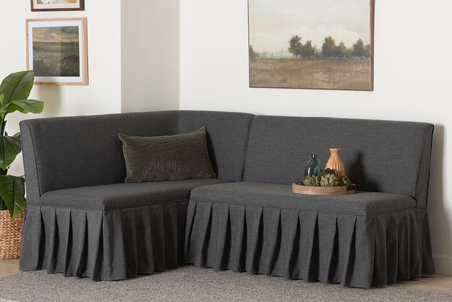Baxton Studio Bryna 2-Piece Fabric Upholstered Dining Nook Bench Set - Corner Kitchen Banquette Seating with Skirted Base, L-Shaped Breakfast Nook for Small Spaces, Dark Grey