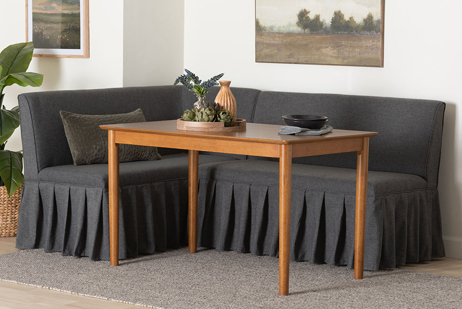 Baxton Studio Richard 3-Piece Fabric Upholstered Dining Nook Set - Corner Kitchen Banquette with Skirted Base, L-Shaped Breakfast Nook for Small Spaces, Dark Grey