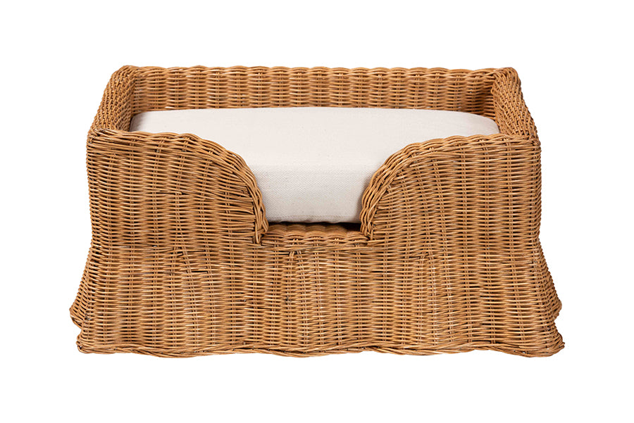 bali & pari Belita Natural Rattan Pet Bed with Scalloped Base - Handwoven Wicker Enclosed Lounge Bed for Dogs or Cats with Removable Cushion, 27.6"