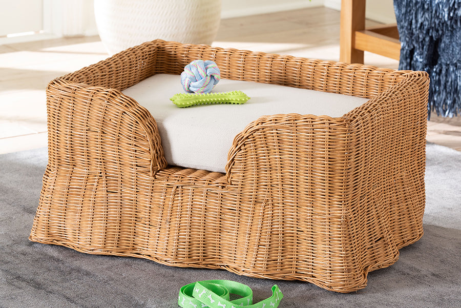 bali & pari Belita Natural Rattan Pet Bed with Scalloped Base - Handwoven Wicker Enclosed Lounge Bed for Dogs or Cats with Removable Cushion, 27.6"